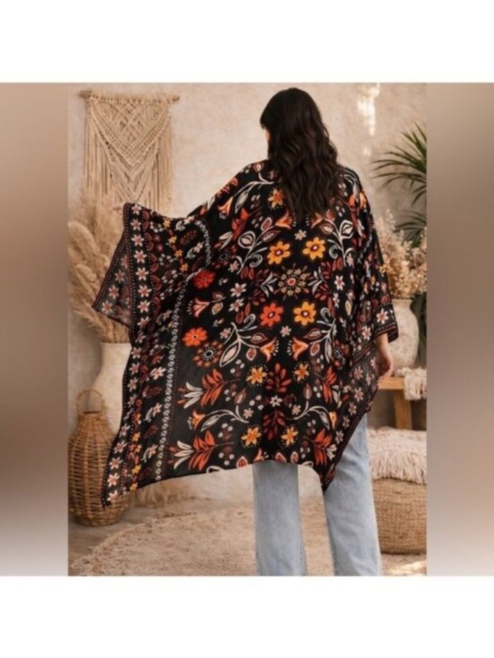 Easel Floral Printed Black Kimono Cardigan With Open Front Design Lightweight